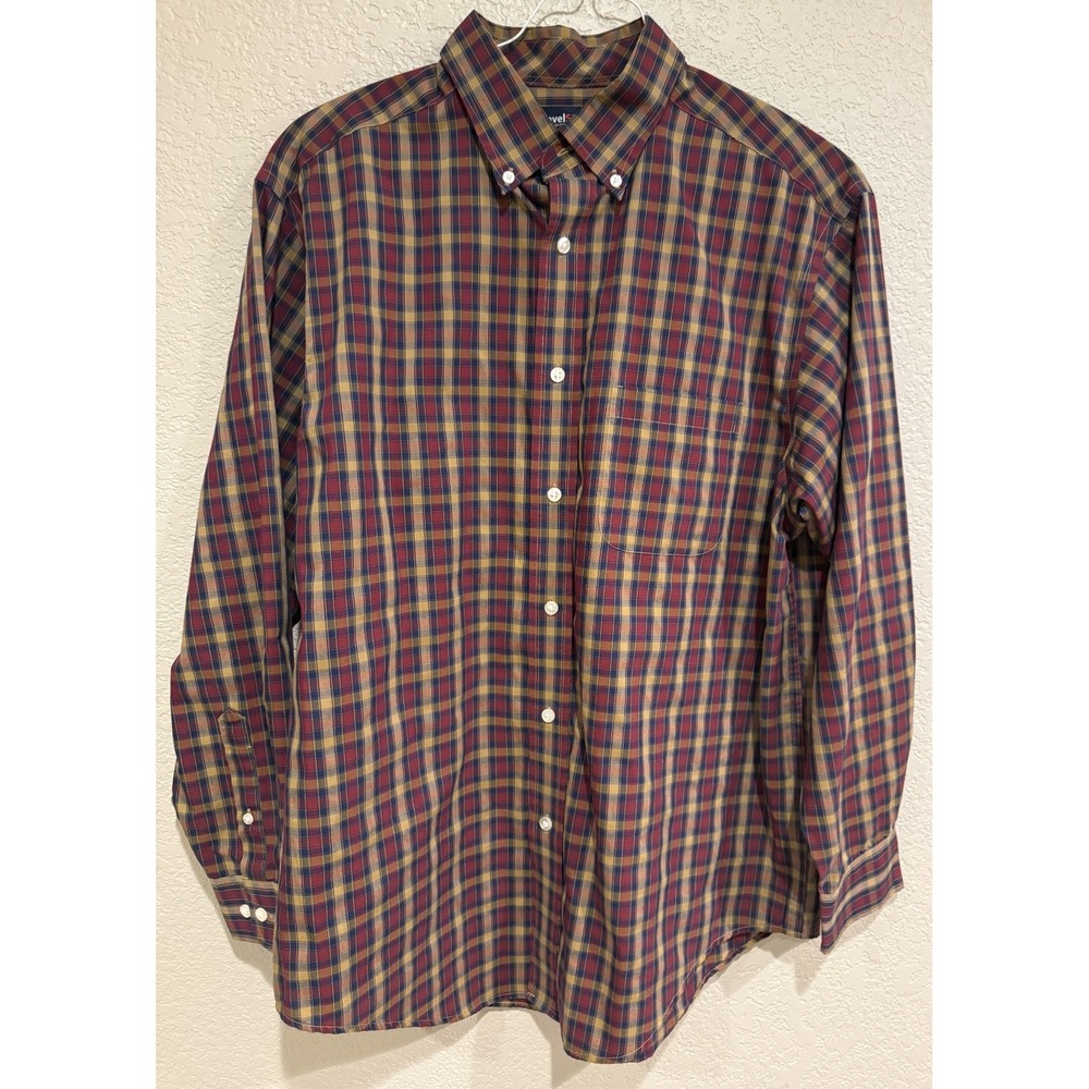 TravelSmart Dress Shirt Mens Large Plaid Roundtree Yorke Travel Smart EUC
